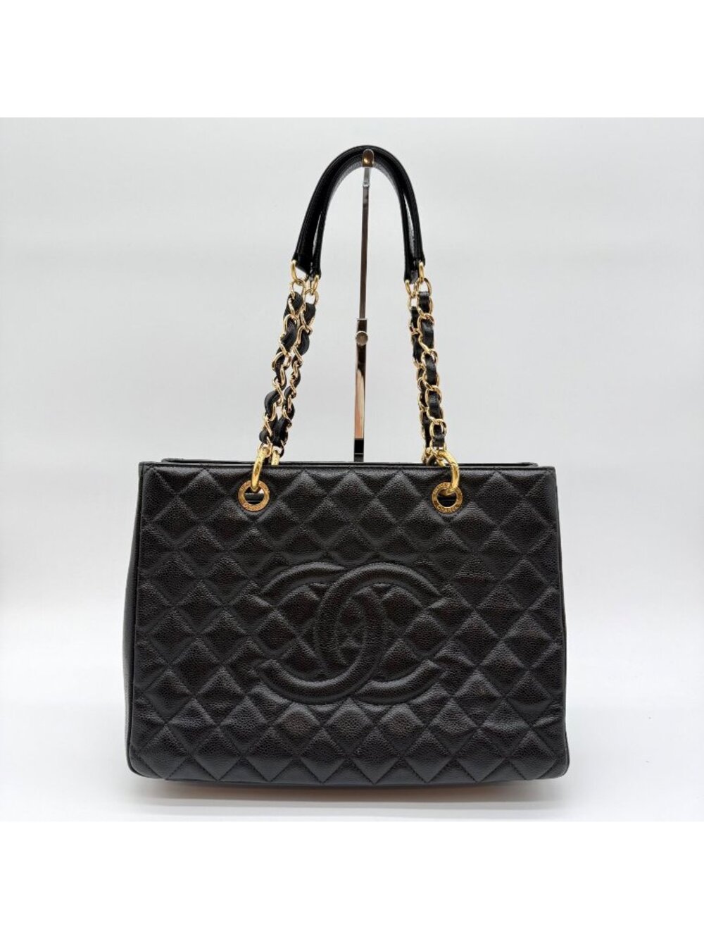 Chanel Caviar Leather Chain Tote Bag Big CC Logo Black